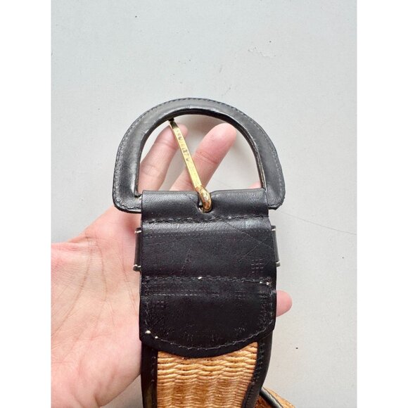 STEFANEL Black Leather Tan Raffia Wide Belt, Size 3 - Picture 8 of 11